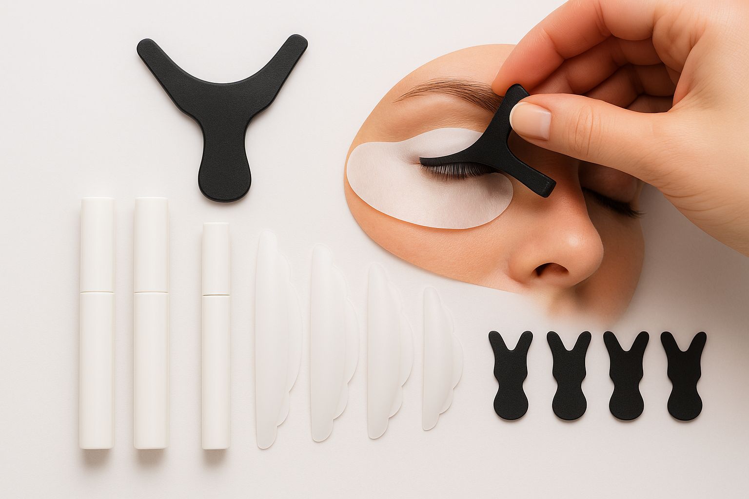 Överblick över verktyg för lashlift: lyftkräm, fixeringskräm, vårdande olja och spatlar.