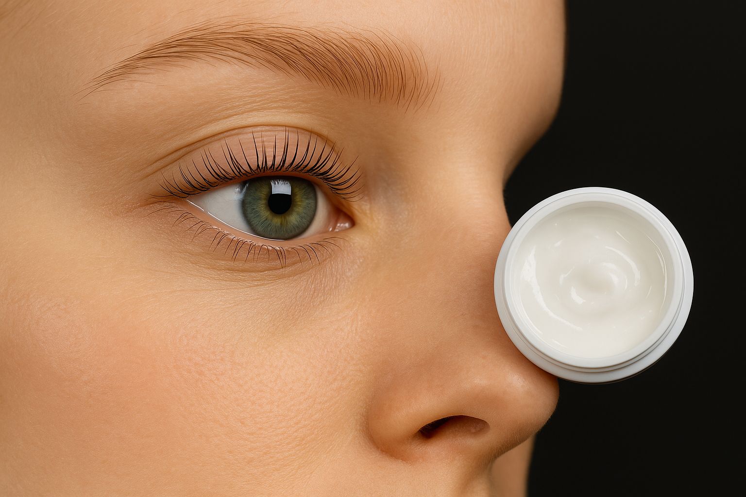 Närbild på en kvinna som applicerar lashlift-produkter på sina ögonfransar.