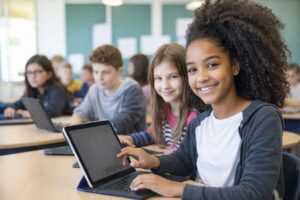 Elever i ett klassrum använder bärbara datorer för digitalt lärande.